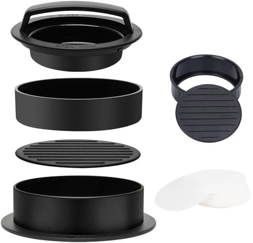 Prensa de hamburguesas 3 en 1,Skoye Hamburger Patty Maker Prensa de hamburguesas rellena con 200 pcs de papel de hamburguesa para barbacoa, deslizadores antiadherentes,prensa de hamburguesas de carne