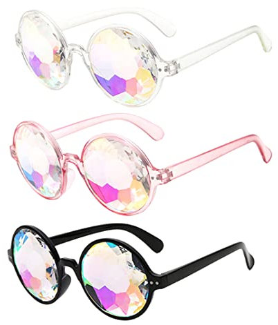 3 Stück Kaleidoskop-Brille, Regenbogenprisma, Sonnenbrille mit Brillentuch, für Rave-Party, Festival, Dekoration, Gastgeschenke