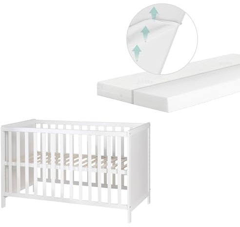 roba 2 in 1 Babybett 60 x 120 cm + safe asleep Matratze - Gitter- & Beistellbett 6-fach Höhenverstellbar - 5 Schlupfsprossen - Holz weiß