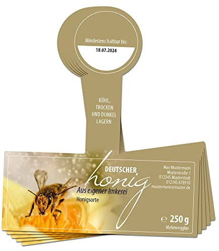 Apoidea – Honig Etiketten 250 g mit Gewährverschluss selbstklebend & personalisierbar - 25 Stück/Etiketten Honiggläser/Honig Aufkleber für selbstgemachten Honig/Honigetiketten für Honiggläser