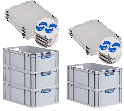 PROREGAL SuperSparSet 5x Eurobox NextGen Color mit Auflagedeckel & Schiebeschnappverschlüsse, HxBxT 22x40x60cm, 44L, Griffe blau offen, Verstärkter Boden, Eurobehälter Transportbox Transportbehälter