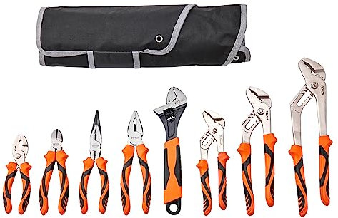 VEVOR Pliers Set, 8-Piece, High Carbon Steel, 12/10/8 Groove Joint Pliers, 8 Linesman's Pliers, 6 Slip Joint Pliers, 8 Long Nose Pliers, 6 Diagonal Cutter, 10 Adjustable Wrench, and Tool Bag