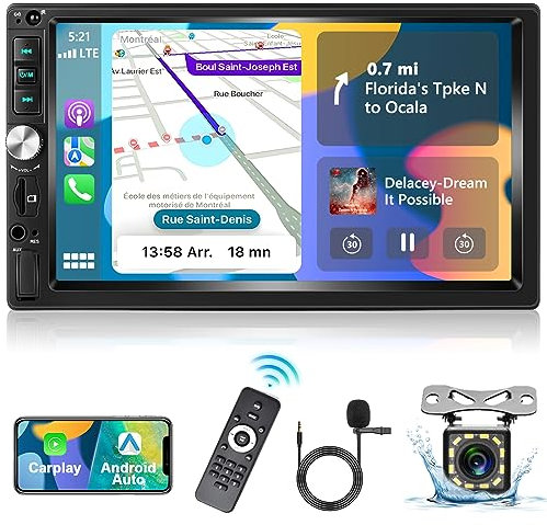 Podofo Autoradio 2 Din mit Apple CarPlay, Android Auto und Bluetooth, 7 Zoll Auto Stereo Radio mit HD Bildschirm Spiegel-Link/UKW Radio/Lenkradsteuerung + Rückfahrkamera & Mic