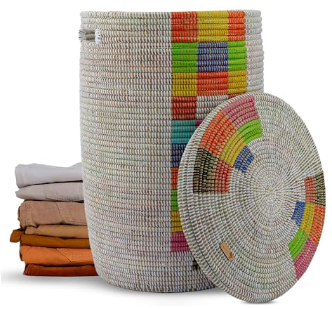 Wäschekorb mit Deckel 80L geflochten aus Savannengras mit Henkeln | Große Wäschetonne, handgeflochten, Boho Stil, vielseitige Aufbewahrung, rund, XXL Korb, Geruchsreduzierend, Modell Mafory