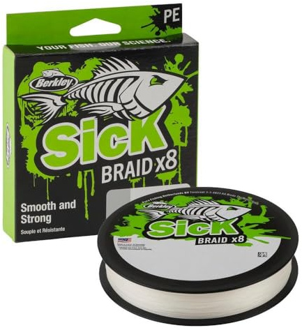 Berkley Sick Braid Fil de pêche tressé, 8 brins, 300 m, pour la pêche en eau douce ou en eau salée, blanc ou noir, 270 m, 0,39 mm, 46,3 kg
