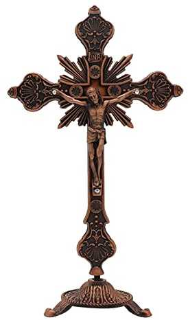 Stehendes Kruzifix Aus Metall für Katholische, Christliche Dekoration Und Zuhause, 25,4 cm, Antik Rot