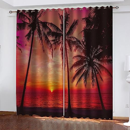 Blickdicht Blackout Vorhang Mit Ösen Schalldämmend Gardinen Polyester 3D Bedruckt Roter Sonnenuntergang Seelandschaft Für Wohnzimmer Schlafzimmer Kinder Oder Babyzimmer - Verdunkelungsvorhänge-3E4Q7V7