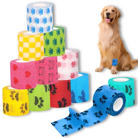 TFSZE 12 Rollen Selbsthaftende Bandage,Hund Vet Wrap,Pet Selbstklebender Verband Selbstklebende Bandage,12 Cartoon Selbsthaftende Bandage,Fixierbinde für Pferd Pet Cohesive Bandages