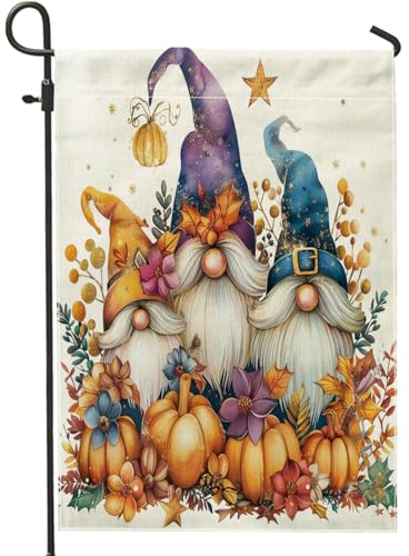 Nain de jardin en forme de citrouille d'automne, nain de récolte d'automne et feuilles d'oranger, décoration d'extérieur, drapeau de cour double face en toile de jute, décoration de pelouse de fête