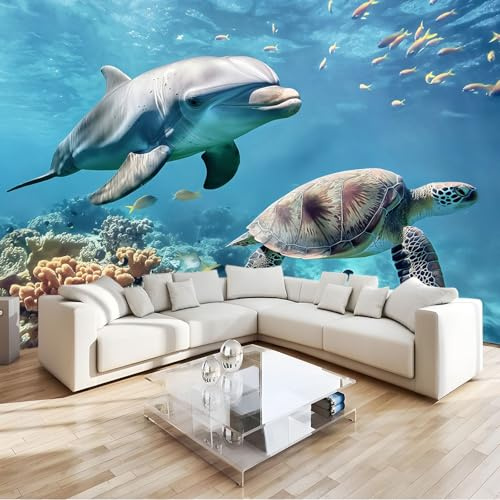 Bleu Papier Peint Intissé 3D Dauphins Et Tortues Océaniques Panoramique Fresque Murale, Pour Salon & Chambre Fond Tv Décoration - (Facile À Poser) 400 X 280 Cm