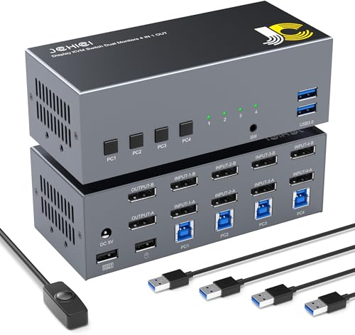 Displayport KVM Switch Dual Monitor 4K@60Hz USB 3.0 DP 1.2 KVM Switcher for 4 Computers Share 2 Monitors and 4 USB Devices Support Extended & Copy Mode