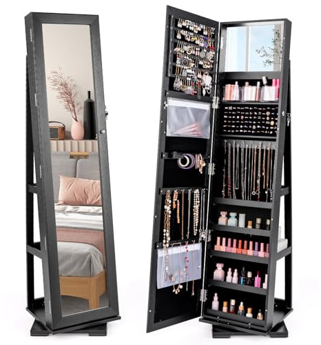 RELAX4LIFE 3-in-1 Schmuckschrank drehbar, mit Ganzkörperspiegel & eingebautem kleinen Spiegel, Spiegelschrank & Schmuckregal, Schrank für Schmuckaufbewahrung, abschließbar (Schwarz)