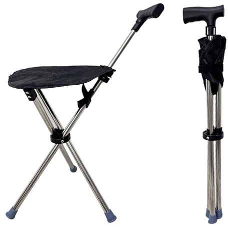 Phamouu Gehstock mit Sitz, 68–90 cm, zusammenklappbarer Leichter Gehstock Stuhl, Tragkraft 150 kg, höhenverstellbarer, tragbarer 2-in-1 Sitz für Erwachsene (Schwarz)
