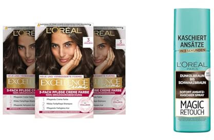 L'Oréal Paris Haarfärbe- und Ansatz-Kaschierset, 3x Permanente Haarfarbe Excellence Creme, Nr. 3 Dunkelbraun und 1x Ansatz-Kaschierspray Magic Retouch, Dunkelbraun-Schwarzbraun, [Amazon Exclusive Set]