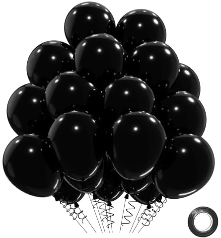 QIFU Svarta ballonger 30-pack, 30 cm starka tjocka svarta latexballonger heliumballong med mörka band för födelsedagsfest dekoration, halloween, barnfest, baby shower, begravning och evenemang deco