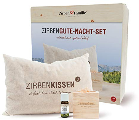Zirben Familie Gute-Nacht-Set mit ZirbenKissen, ZirbenWürfel & ZirbenÖl | Gefüllt mit ZirbenFlocken, Ohne Staub oder Sägespäne, Zierkissen, Duftkissen zum Schlafen