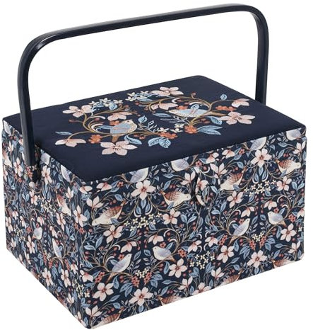 Hobby Gift Large Sewing Box – Embroidered Blossom Birds Cotton Fabric with Plastic Handle, Hard Plastic Internal Tray with Compartments, Lid with Pocket & Pincushion Stylish 23.5 x 31 x 20cm