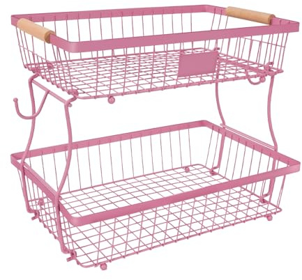 Lawhood-Mijin Fruit Basket Bowl 2 Tier Detachable with 2 Banana Hangers, Fruit Stand Holder for Kitchen Countertop, Metal Wire Vegetable Storage Organizer, for Bread Snack Veggies Produce, pink
