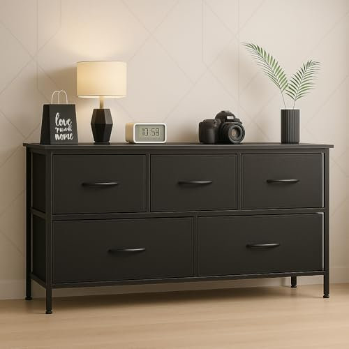 DUMOS Kommode mit Schubladen - Kommoden & Sideboards für Schlafzimmer Geeignet, Komodenschrank mit 5 Schubladen, Stoffkommode mit Stabilem Stahlrahmen, Ideal für Schlafzimmer, Wohnzimmer (Schwarz)