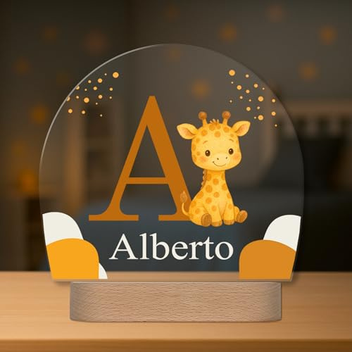Lámpara Infantil Personalizada con Nombre e Inicial - Lámpara Quitamiedos con Luz LED - Regalo Original para Bebé, Bautizo, Cumpleaños (Jirafa)