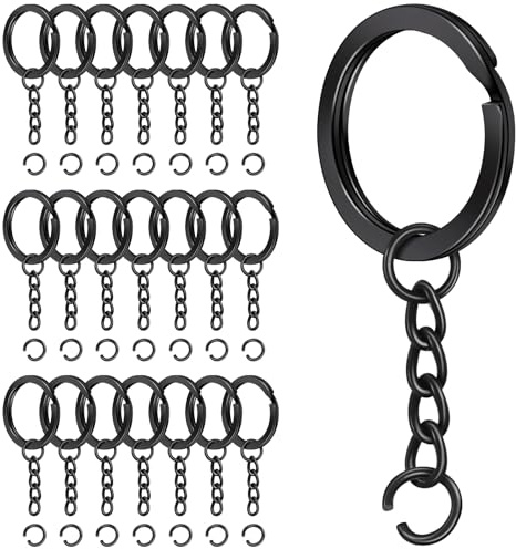 Caianwin 40 Stück 25mm Schlüsselring mit Kette Spaltring | Schlüsselanhänger Ring Schwarz Runde Flacher Schlüsselringe für DIY, Bastelarbeiten Schmuckherstellung