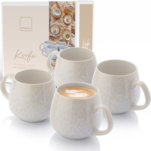 Sänger | Tassen Set Korfu 4 tlg, Espressotassen 4 Personen, Steingut Tasse Handmade, Teetassen Set Spülmaschinenfest, Kaffeebecher, Kaffeetassen Set Creme Farben mit Sandiger Maserung | 150 ml