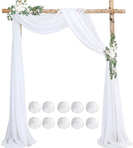 2 piezas de arco para boda, fibra de poliéster, 0,76 × 6 m de cortina para boda, con 10 bulbos de flores de papel blancos, elegancia superior, para bodas, fotografía, fiesta