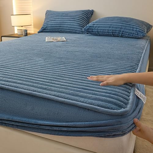 HAIBA Warme Plüsch Spannbettlaken 90 x 200 cm Blau Matratzenbezug | kuschel Fleece bettlaken Weichheit und kuschelige 30cm tiefe Tasche mit elastischem Rand für Topper Matratzen Boxspringbett