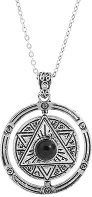 Generisch Halskette mit Natürlichem Kristallhalter, Magisches Amulett, Doppelring-Anhänger mit Silberkette, Pentagramm-Anhänger-Halskette für Damen Und Herren, Obsidian