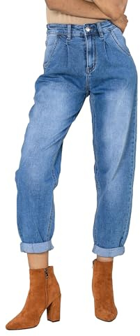 Nina Carter YY303 Pantalones vaqueros holgados de cintura alta para mujer, informales, de corte ancho, elásticos, aspecto desgastado, Azul (Yy303-1), XS