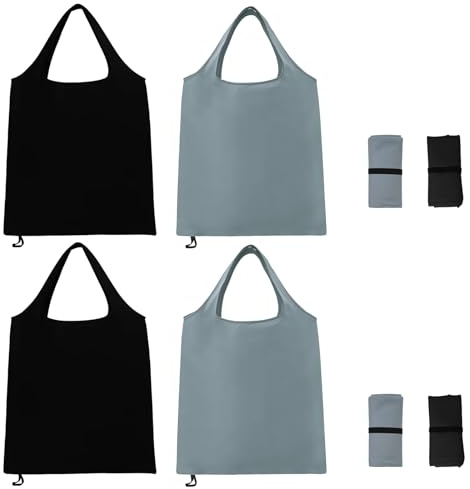 RagQbuK 4Pcs Foldable Shopping Bags Reusable - Waterproof Nylon Tote with Pouch, Machine Washable Nanobag Style for Groceries, Travel & Daily Use (2 Black, 2 Grey)