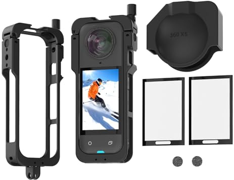 VQN Aluminum Cage for Insta360 X5, Battery Accessible Vlogging Rig with Cold Shoe, Metal Protective Frame Case with 2 Pack Screen Protectors + Silicone Lens Cover Kit