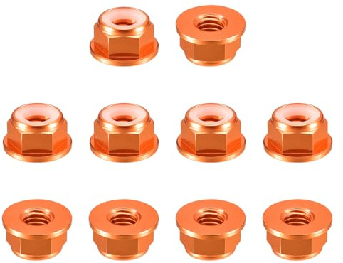 QUARKZMAN 10Pezzi Dadi Esagonali Autobloccanti Per Fissaggi Arancione | M5 X 0.8mm Dado Autobloccante In Lega Di Alluminio, Dado A Flangia Anodizzato, Con Inserti In Nylon