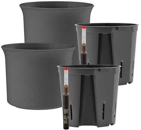 Leni Atlas Hydrokultur-Set Ø 15,3 cm Höhe 13 cm Anthrazit 2er-Pack | mit Kulturtopf und Gießanzeige, Blumentopf, Übertopf, Pflanztopf aus Kunststoff matt