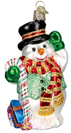 Old World Christmas Candy Cane Snowman Glass Blown Ornament for Christmas Tree, Handcrafted Holiday Decoration, Snowman Collection