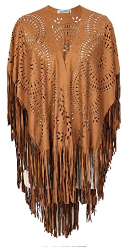 CHOiES record your inspired fashion Women's Suedette Cut Out Asymmetric Fringed Cape Kimono Blouse with Tassel