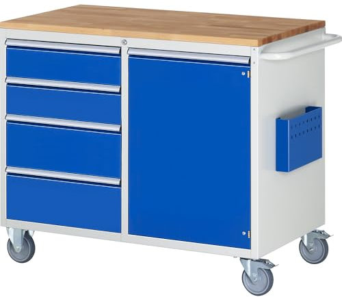 RAU | Kompaktwerkbänke | fahrbar | 4 Schubladen | 1 Tür | Holzarbeitsfläche | lichtgrau/enzianblau