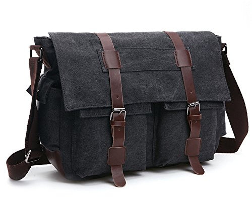 LOSMILE Herren Umhängetasche Schultertasche 16 Zoll Kuriertasche Canvas Laptop Tasche Messenger Bag für Arbeit und Schule. (L, Shwarz)