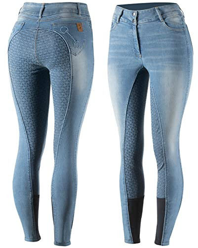 HORZE Kaia Womens Denim Horse Riding Pants | High Waist Silicone Full Seat Breeches - Lead Blue - 28
