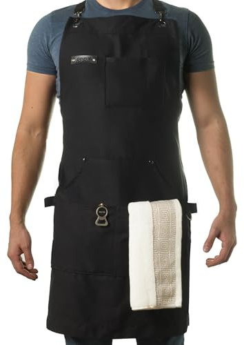 Asaya Chef & BBQ Apron with Pockets - Cross Back Canvas Cooking Apron for Women and Men, Adjustable Work & Grilling Aprons with Pocket, Bottle Opener and Hand Towel, 10oz Cotton Canvas (Black)