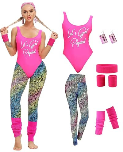 MIAIULIA Damen 80er Jahre Workout Outfit Kostüm mit Gymnastikanzug, Leggings, Beinstulpen, Kopfwickel, Ohrring (X-Large, Let's Get Physical Pink)