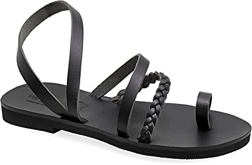 38 Schwarz Emmanuela Sandalen im antiken griechischen Stil, handgefertigte flache Sandalen aus Leder mit Zehenring, hochwertige Sandalen, Sommerschuhe mit Fußfesseln für Damen