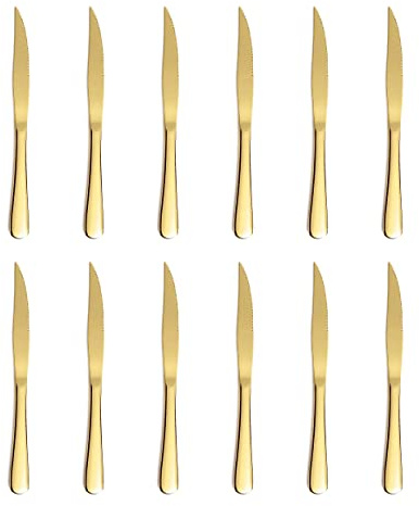Xingjiake Set di 12 coltelli da bistecca dorati, in acciaio inox, lavabili in lavastoviglie