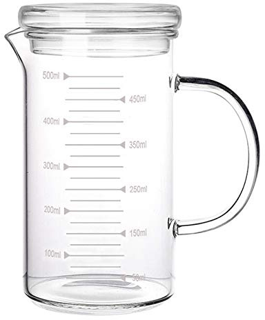 500ML Borosilicate Glass Measuring Cup Cold and Heat Resistant Clear Thick Graduated Beaker with Glass Lid Handle Microwave Oven Freezer Water Milk Juice Tea Coffee Mug Baking Cooking Glass Jug