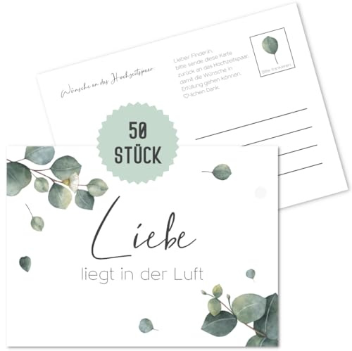 Things of Happiness Ballonkarten Hochzeit im Boho Stil | 50 Stück gelochte Ballon Flugkarten Antwortkarten als Hochzeitsspiel | Postkarten für Luftballons extra leicht (Boho Eucalyptus 50 Stück)