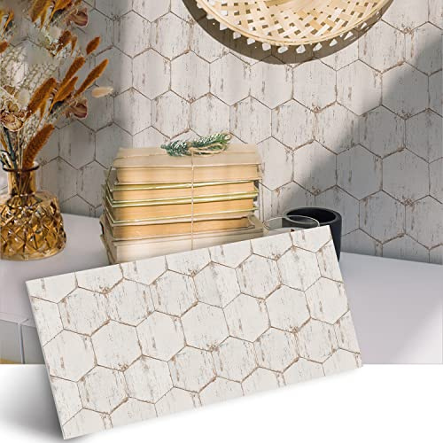 Alwayspon Lot de 12 autocollants de carrelage en vinyle imperméable et antidérapant pour sols et murs Motif bois hexagonal scandinave 30 x 15 cm