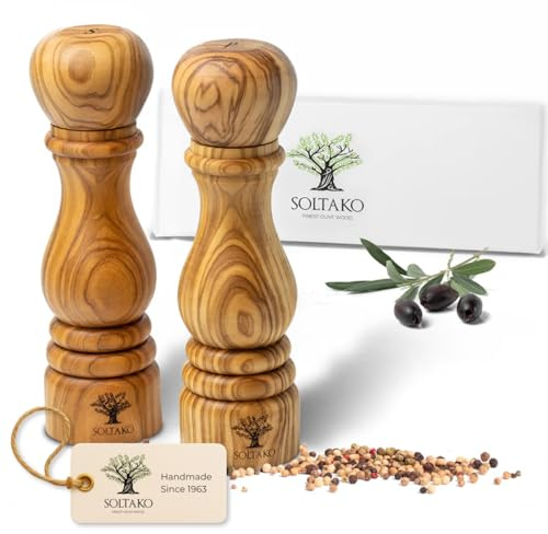 SOLTAKO Olivenholz Salz- und Pfeffermühlen 2er Set Fleur De Sel, Pfeffer und Salzmühle aus Oliven Holz