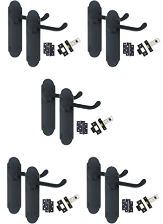 Golden Grace Victorian Scroll Door Handle Latch Pack, Matt Black, 5 Sets | Durable metal construction includes 3-inch ball bearing hinges, spindles, and matching screws for hassle-free fitting.