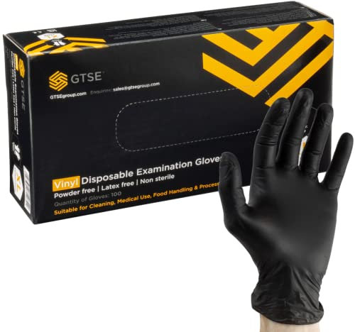 GTSE Black Vinyl Gloves, EN 455 Compliant, Powder Free, Heavy Duty Disposable Gloves, Box of 100, Extra Large (XL)