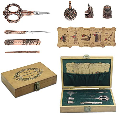 NOTIONSLAND Aufbewahrungsboxen aus Holz, Stickscheren-Set mit Stickschere, Nadeletui, Ahle, Nähen Fingerhut, Einfädler zum Nähen, Kupfer